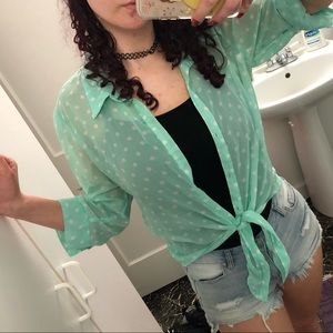 Mint green polka dot sheer top